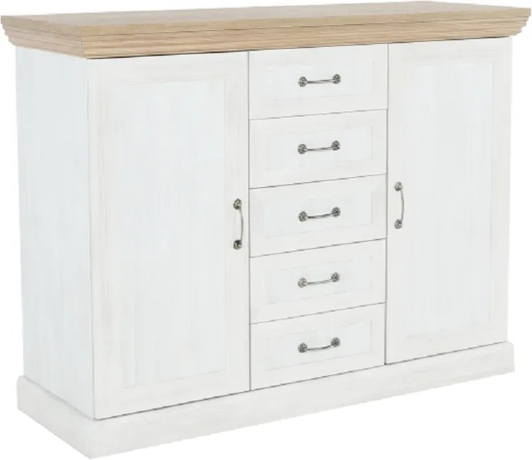 Comodă, 2 uşi cu 5 sertare, pin nordic/stejar sălbatic, ROYAL K2D