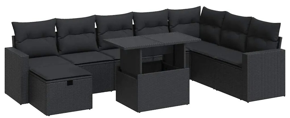 3327835 vidaXL Set mobilier de grădină cu perne, 9 piese, negru, poliratan