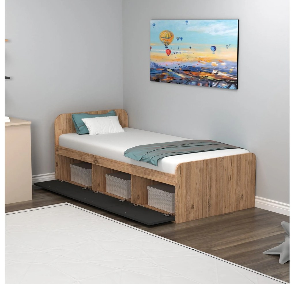 Pat de o persoană 90 cm Pelavi 1 (pin atlantic + antracit) (cu somieră). 1094838