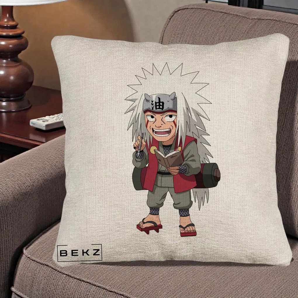 Perna Personalizata Naruto Jiraiya Sensei Chibi, 40x40 cm, Bej Canapea, Husa Detasabila, Perna Inclusa, BEKZ®