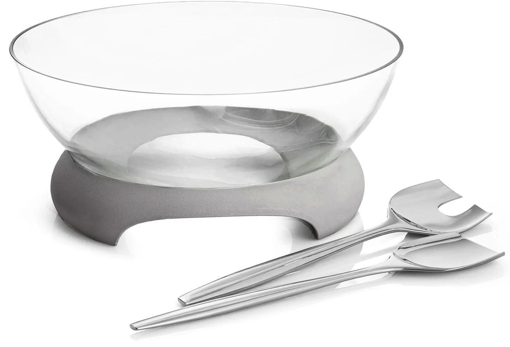 Castron de salată din glass și beton cu tacâmuri din steel stainless steel