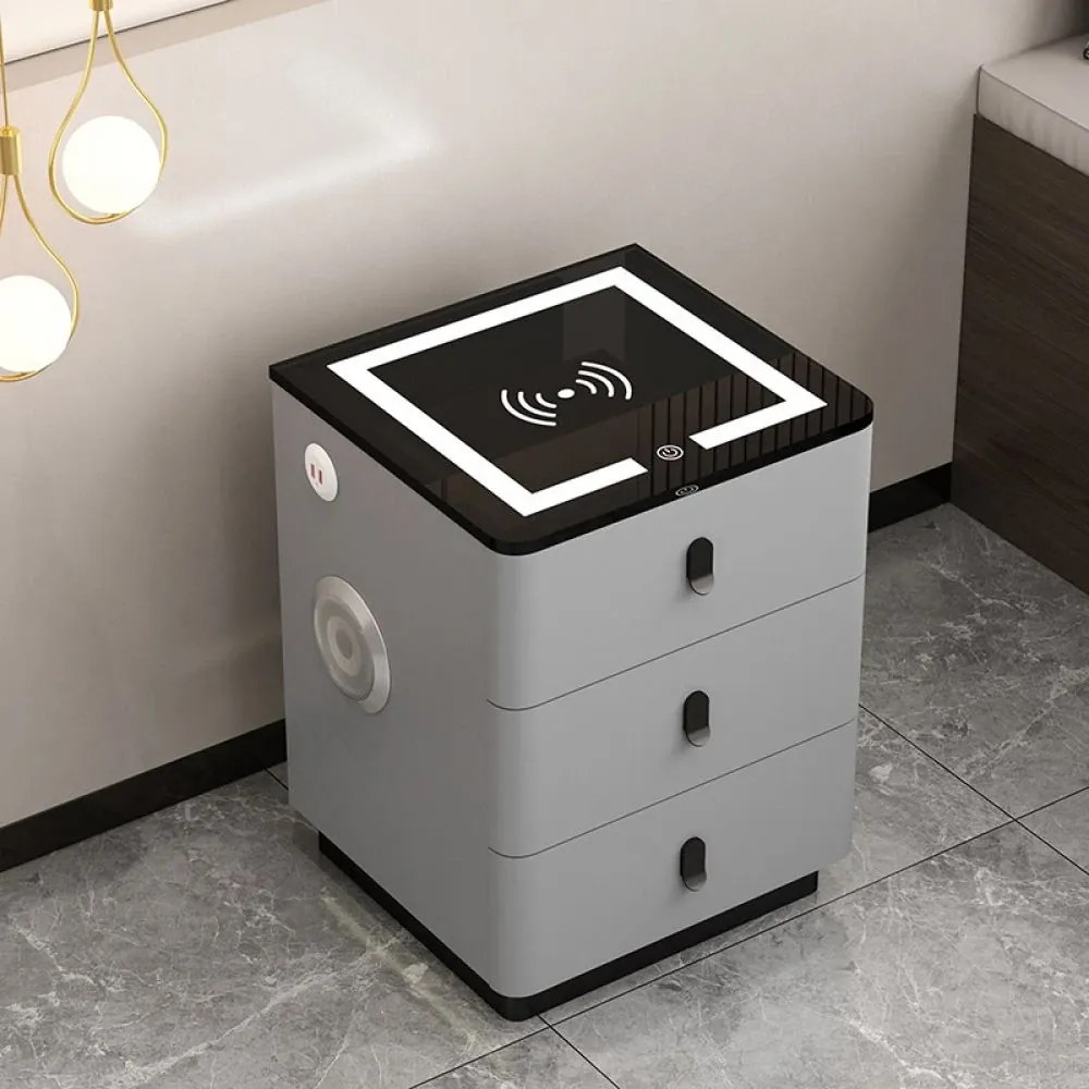 RESIGILAT- Set Margot, Masă de toaletă pentru machiaj cu oglindă iluminată LED, control touch, 6 sertare, comoda, scaun, Difuzor Bluetooth, zona încărcare fără fir, Gri, 80x40x75 cm