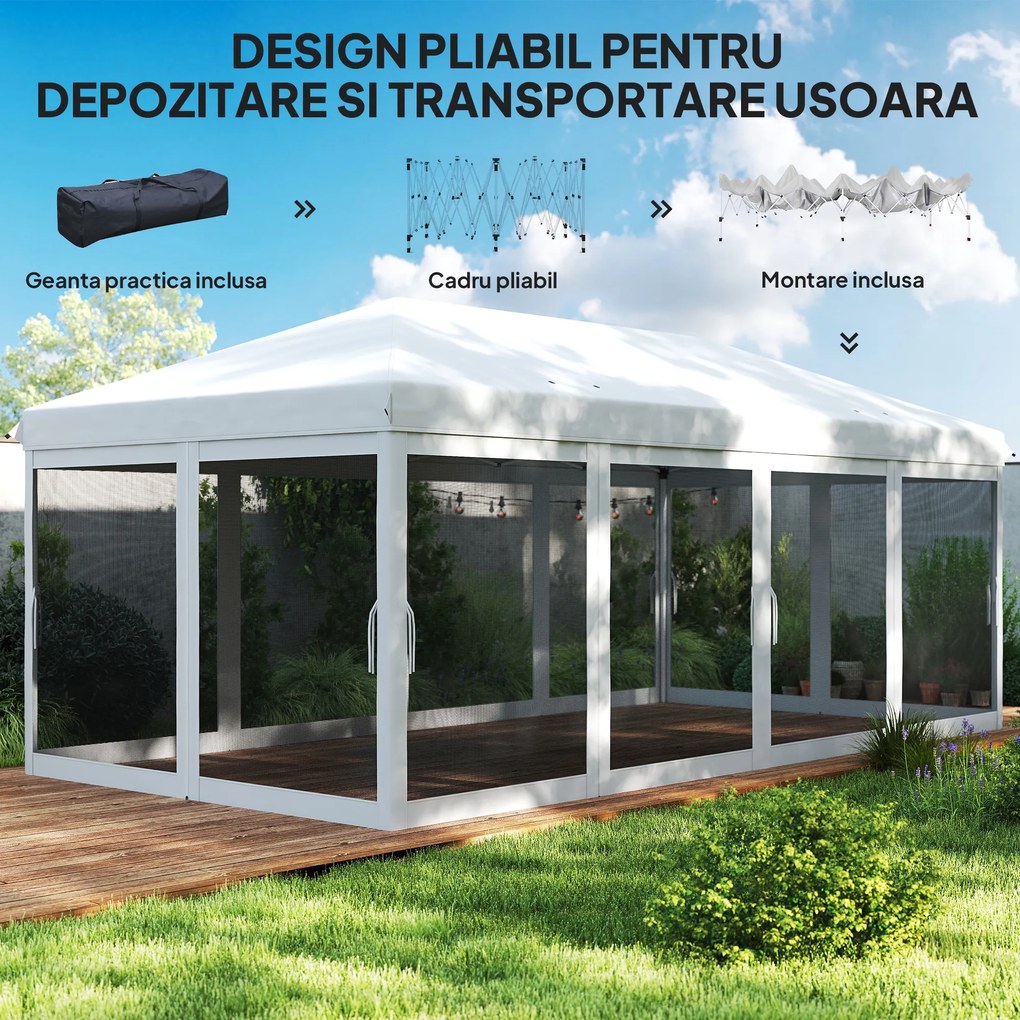 Outsunny Foisor Pliabil cu 6 Perdele Plasa de Tantari, Foisor de Gradina cu Structura din Otel, 585x295x270cm, Alb Crem | AOSOM RO