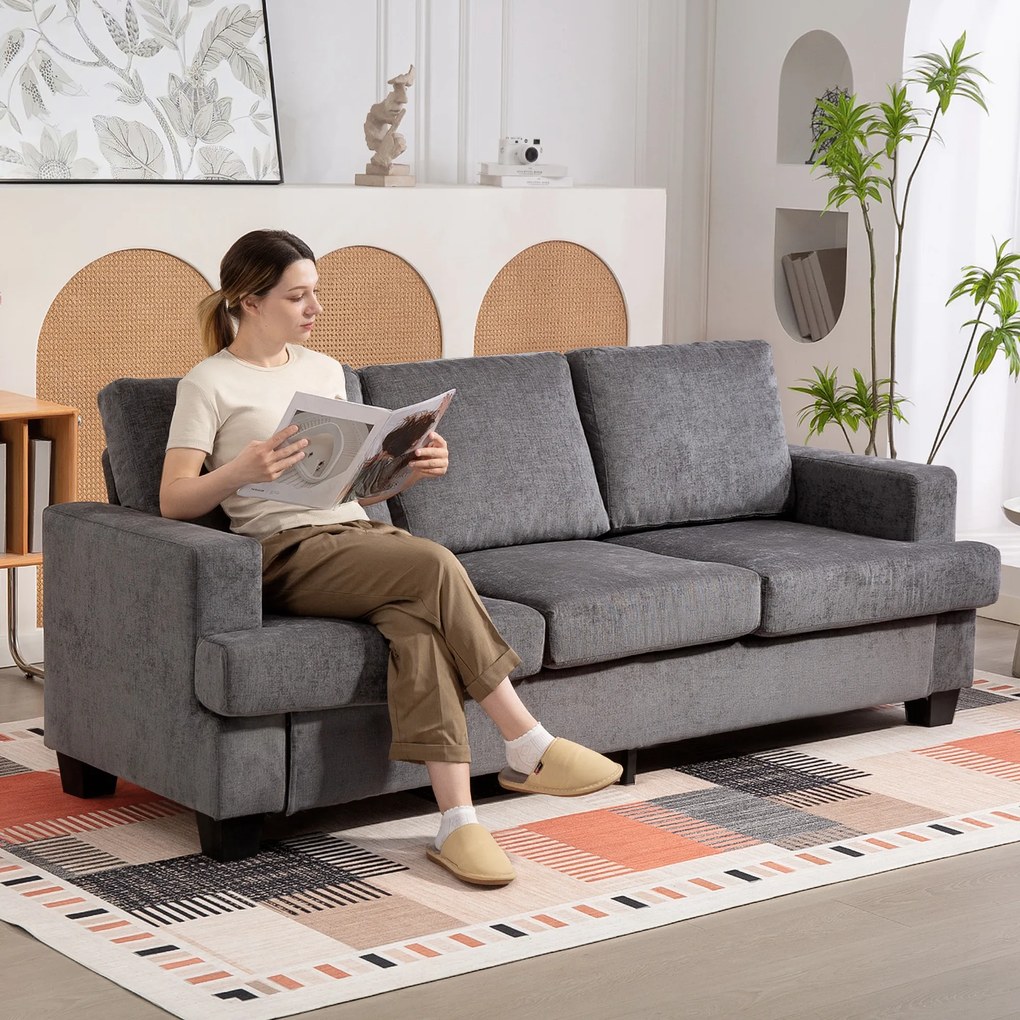 HOMCOM Canapea cu 3 locuri, canapea de living pentru 3 persoane, husă de material, cadru de oțel, canapea tapitată, Gri | Aosom Romania
