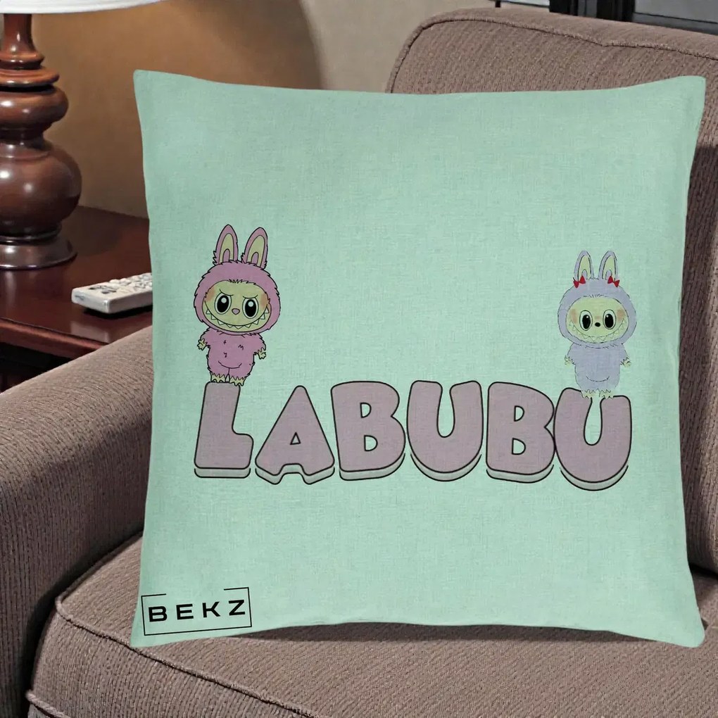 Perna Personalizata Labubu Duo Roz-Lila cu Text, 40x40 cm, Verde Menta, Husa Detasabila, Perna Inclusa, BEKZ®