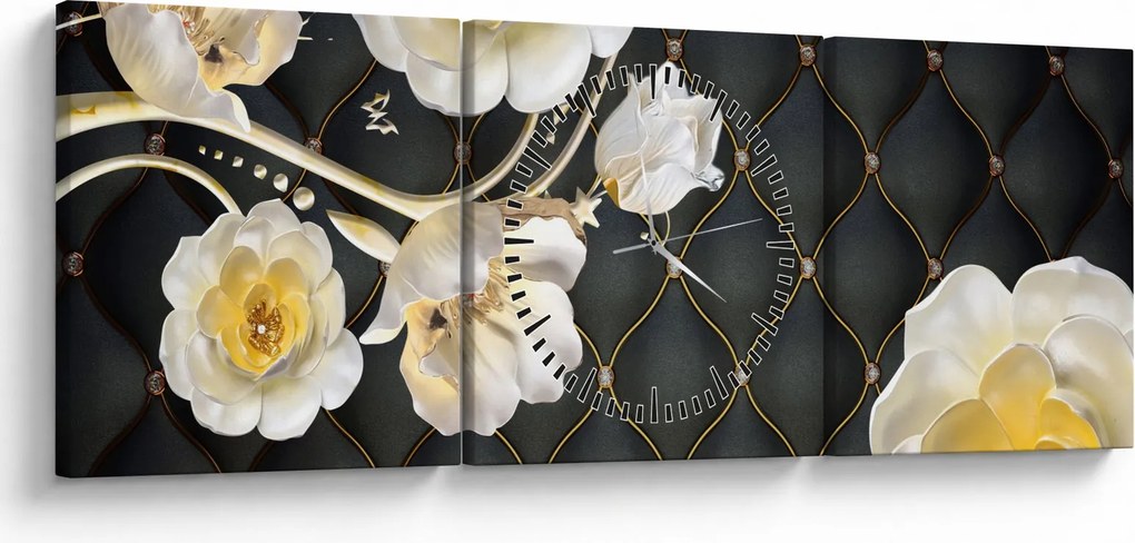 Tablou - Imagine cu flori de trandafir alb (cu ceas) (90x30 cm)