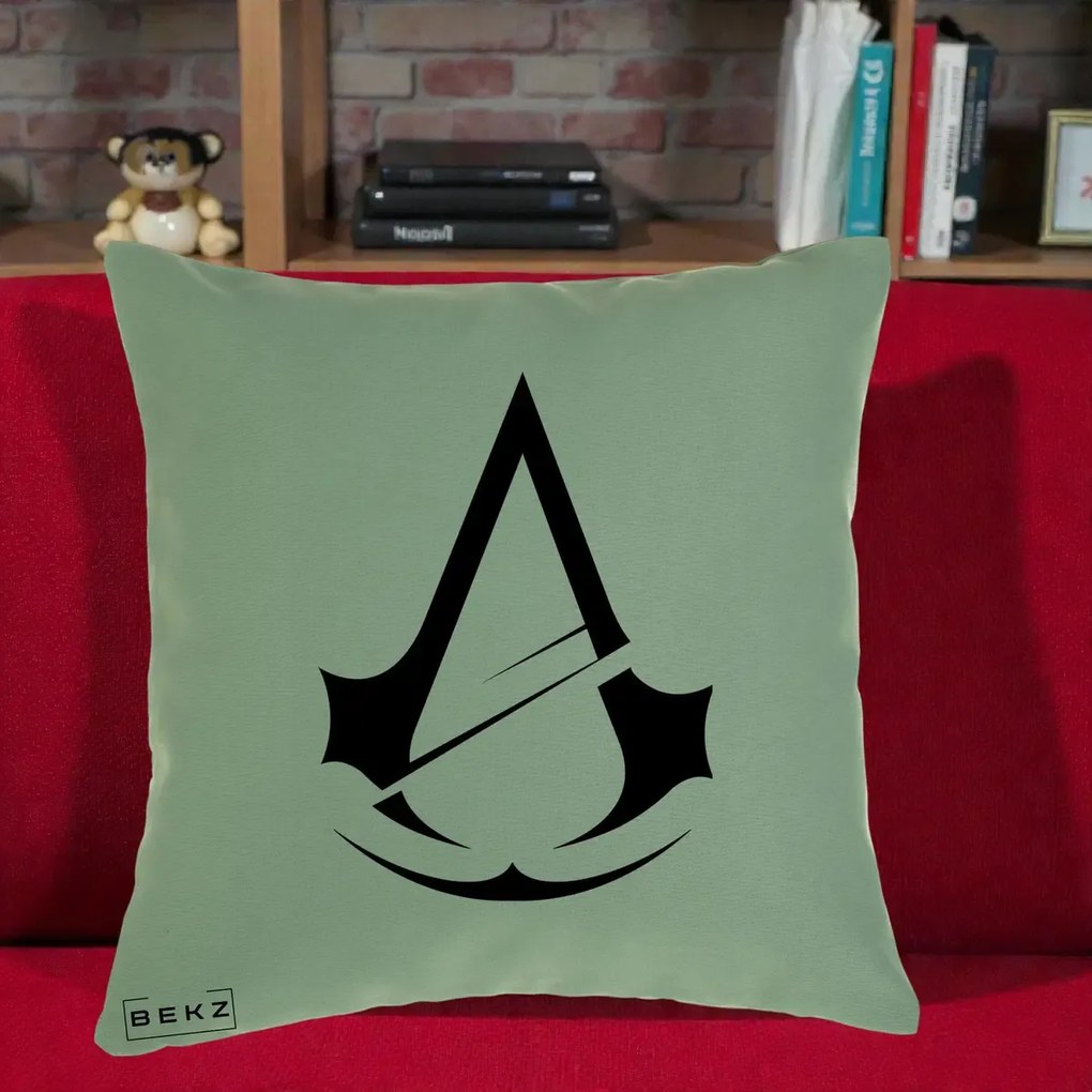 Perna Personalizata Assassin's Creed Minimalist, 40x40 cm, Verde, Husa Detasabila, Perna Inclusa, BEKZ®