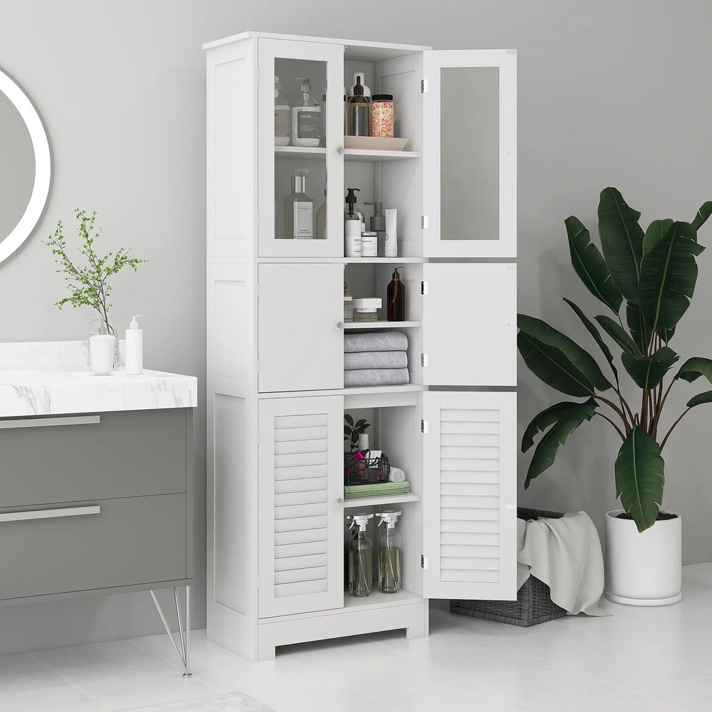 HOMCOM Dulap pentru Baie cu 3 Uși Duble din Lemn 60x30x170.5 cm, Alb | Aosom Romania