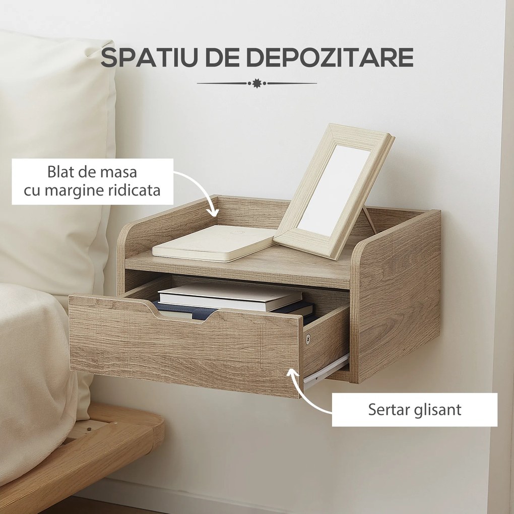 HOMCOM Set 2 Noptiere Suspendate cu Sertar de Depozitare, 40x30x19.5cm, Design Modern Natur pentru Dormitor | Aosom Romania