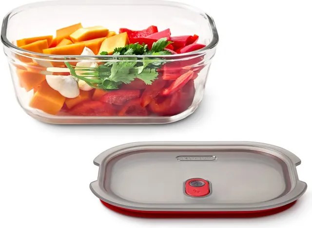 Cutie pentru alimente Black+Blum Stack+Nest FBGR-BX-M017, 0,9 l, dreptunghiulară, potrivită pentru cuptor, fără BPA, sticlă borosilicată, gri/roșu