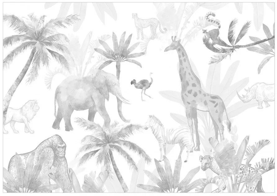 Fototapet - Safari tropical - animale sălbatice în nuanțe de gri pe fundal alb