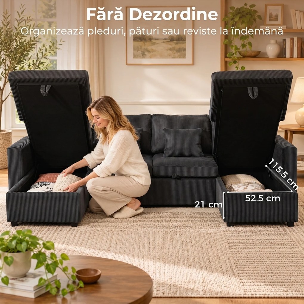 HOMCOM Canapea Extensibilă de Colț 282 cm, cu 2 Șezlonguri cu Depozitare, Gri Închis | Aosom Romania