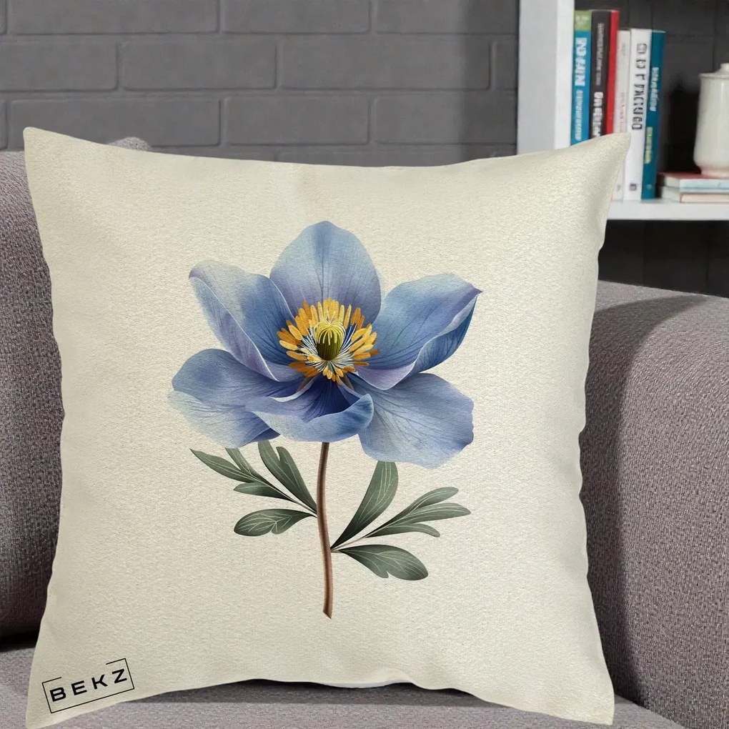 Perna Decorativa Anemona Albastra Botanica, 40x40 cm, Ecru, Husa Detasabila, Perna Inclusa, BEKZ®