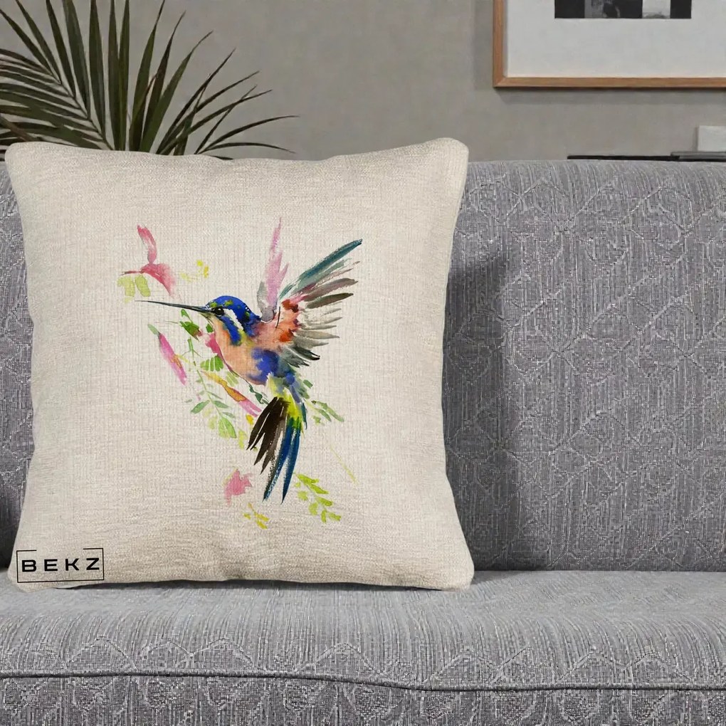 Perna Decorativa Colibri Acuarela, 40x40 cm, Bej Canapea, Husa Detasabila, Perna Inclusa, BEKZ®