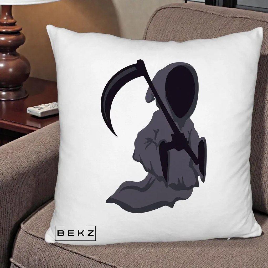 Perna Decorativa Moartea cu Coasa Grim Reaper Halloween, 40x40 cm, Alb Pufos, Husa Detasabila, Perna Inclusa, BEKZ®