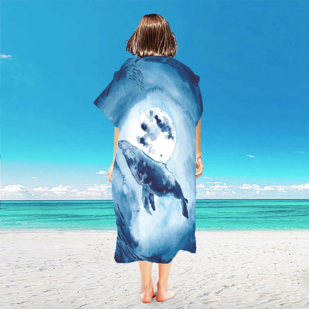 Poncho prosop de plaja WHALES albastru 80x145 cm