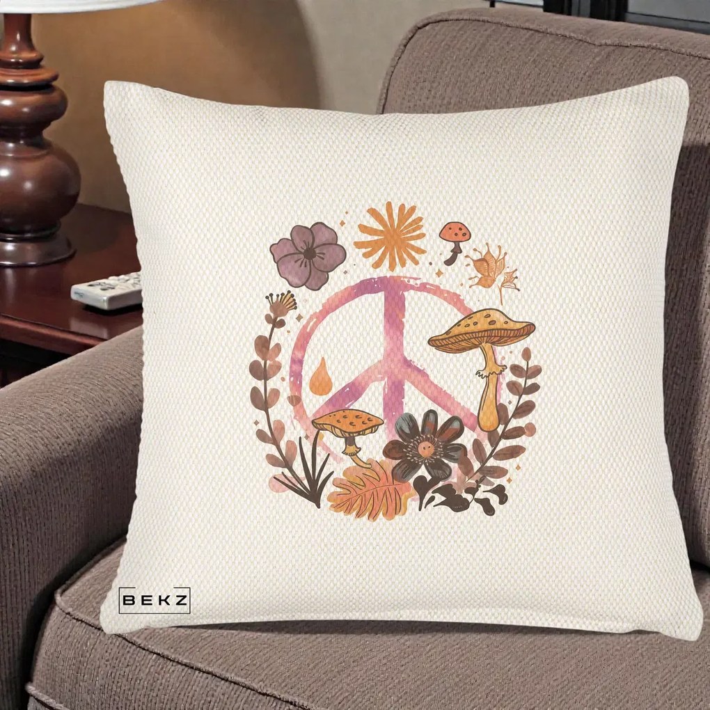 Perna Decorativa Peace Ciuperci Boho, 40x40 cm, Crem Reliefat, Husa Detasabila, Perna Inclusa, BEKZ®