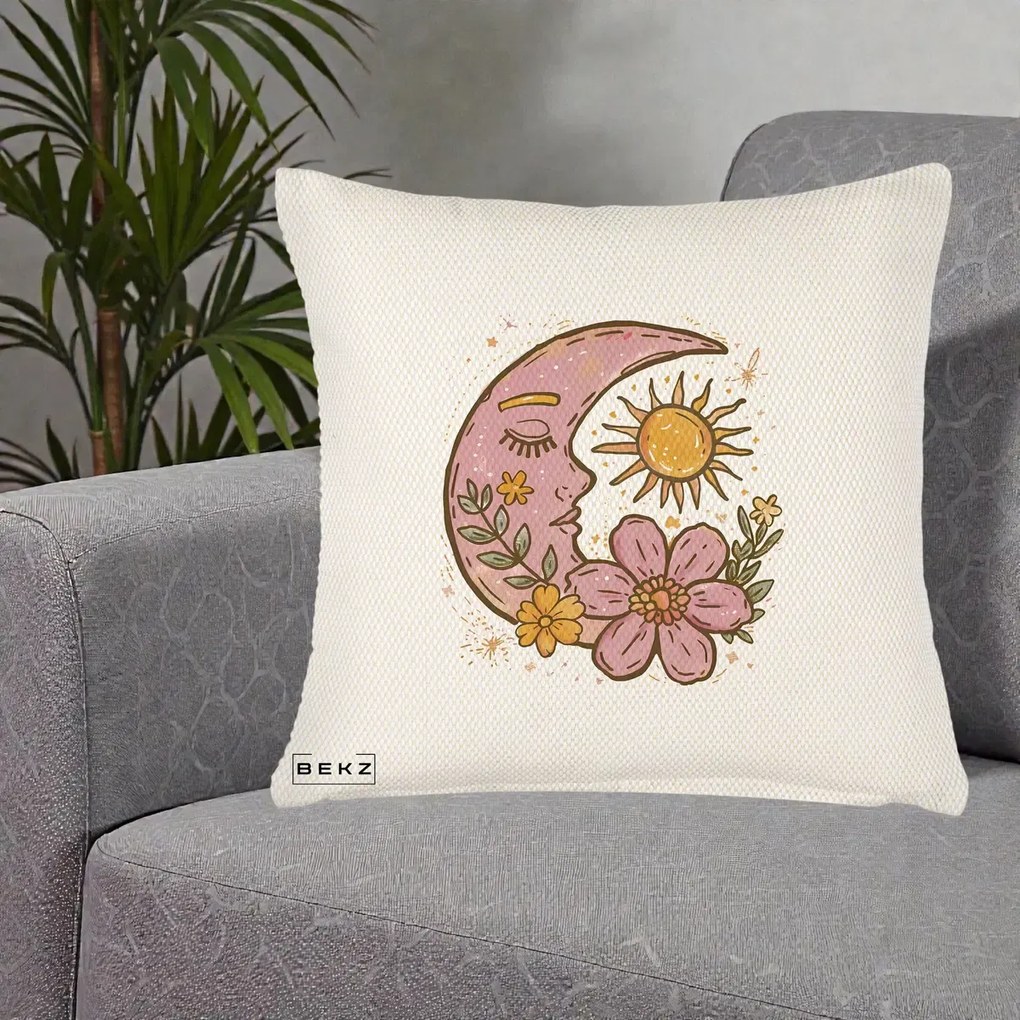 Perna Personalizata Luna si Soare Floral Boho, 40x40 cm, Crem Reliefat, Husa Detasabila, Perna Inclusa, BEKZ®