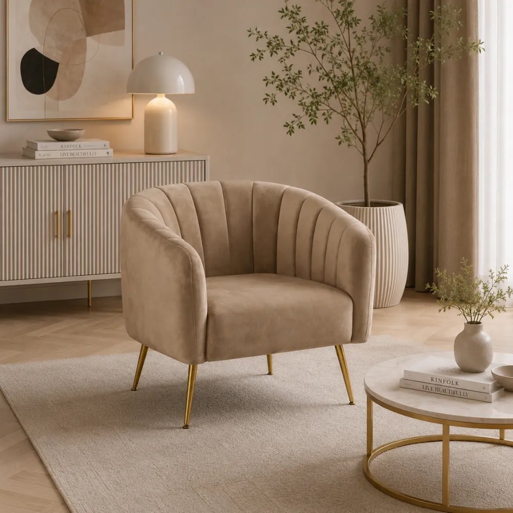 Fotoliu de design, ţesătură Velvet maro/gold crom-auriu, BAGY