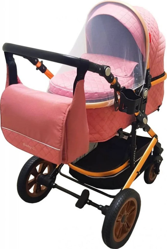 Carucior nou nascuti 3 in 1 Baby Care™ PRO 530, Cu geanta bebe, Cadru Aluminiu Gold, Amortizoare, Roti din cauciuc plin AVE, Landou, Scoica auto,