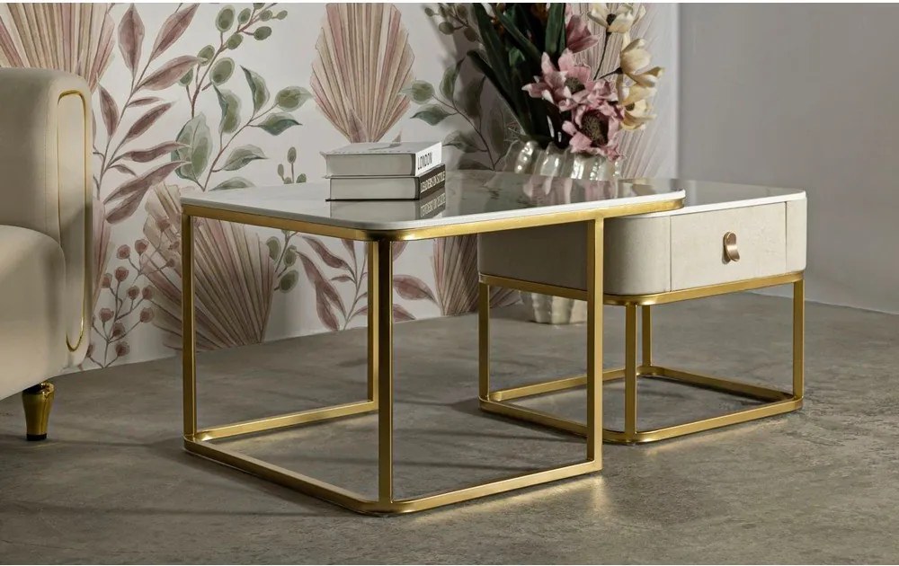 Măsuțe de cafea crem-aurii 2 buc. cu aspect de marmură 50x70 cm Beauty – Mauro Ferretti