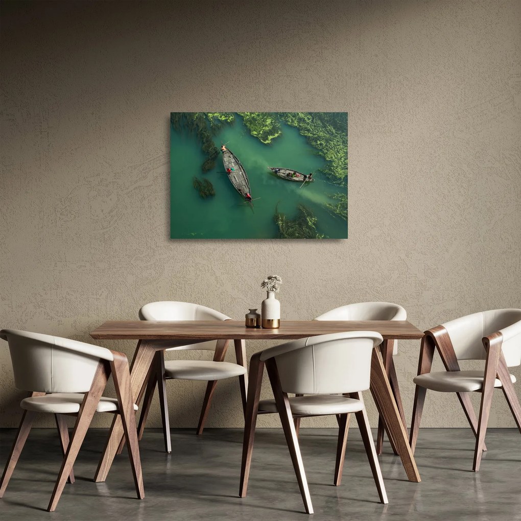Tablou pe sticlă - Pescarii de pe râu (70x50 cm)