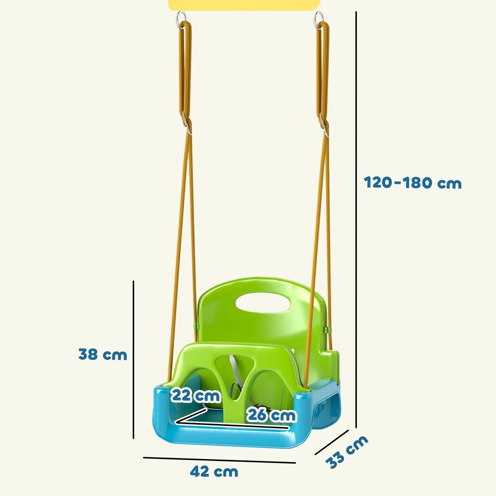 Outsunny Leagăn pentru Copii 3 în 1 pentru Interior și Exterior, Leagăn de Grădină pentru Bebeluși și Copii 9-36 Luni, Frânghie Reglabilă 120-180 cm și Centură de Siguranță, 42x33x120-180 cm, Verde | Aosom Romania