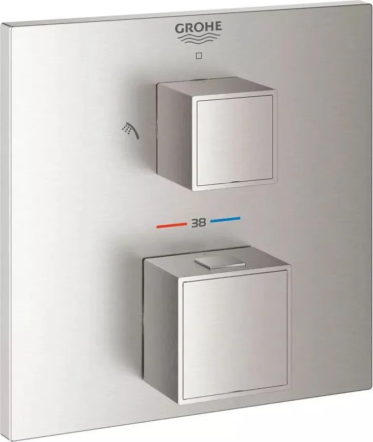 Baterie dus incastrata Grohtherm Cube 2 iesiri termostatata crom periat Supersteel fara corp ingropat