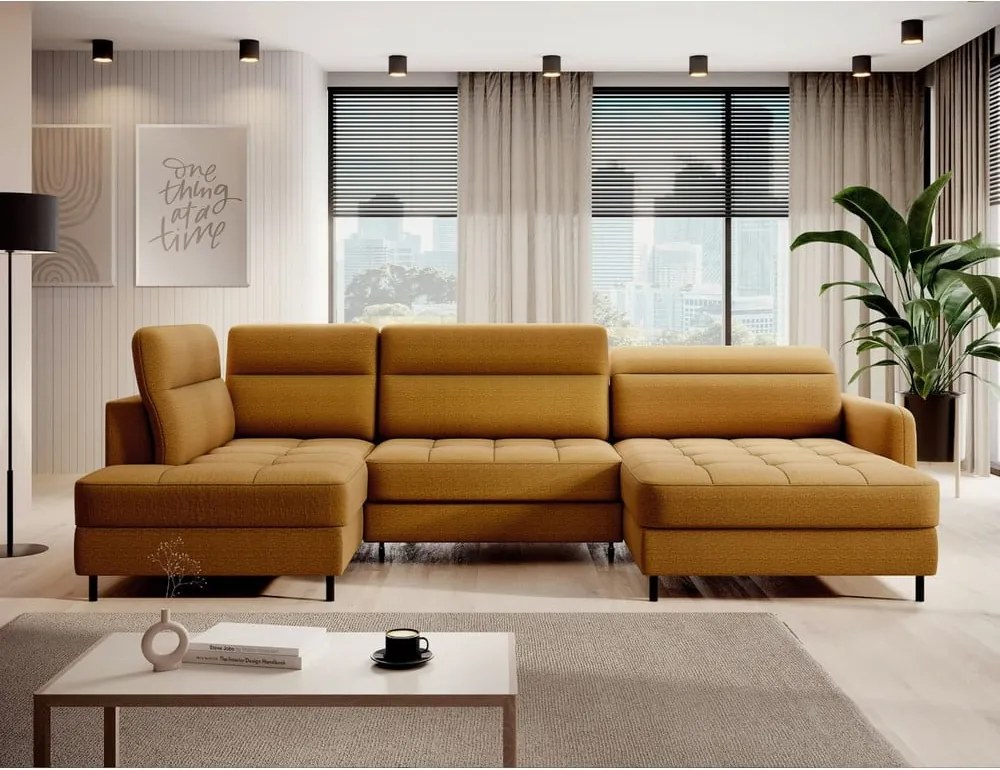 Colțar galben extensibil/cu spațiu de depozitare cu tapițerie din catifea (cu colț pe partea stângă/în formă de "U") Berrto – ELTAP