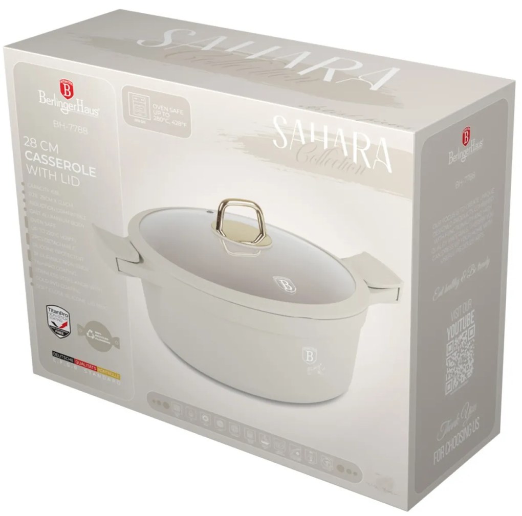 Oală cu capac 28 cm, 6.6L – Berlinger Haus Sahara Collection BH 7788, crem, cu mânere silicon, gătit sănătos, compatibilă inducție