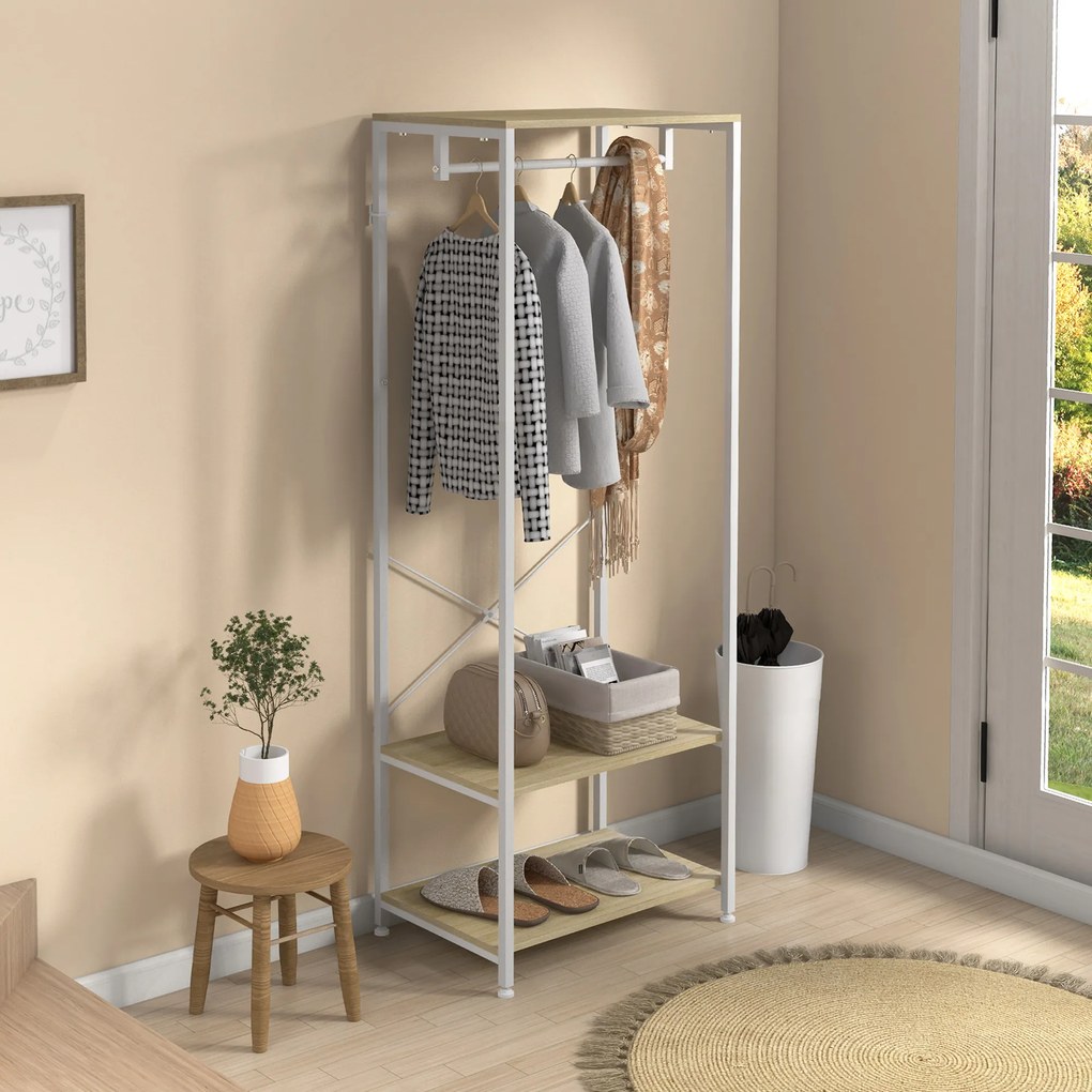 HOMCOM Portmanta cu șină și 2 rafturi pentru pantofi 60L x 40l x 167,5H cm Aspect de lemn deschis și metal alb | Aosom Romania