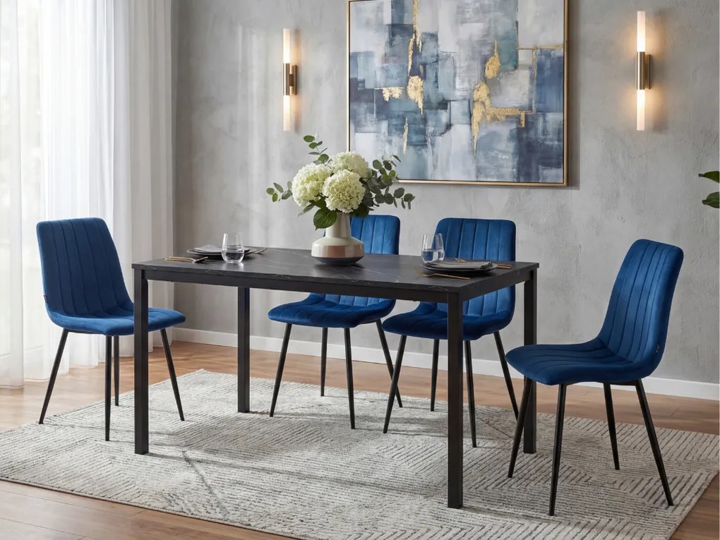 Set de dining 1 + 4, masa neagra RAMOD 100x60 cm + scaun albastru LAVA cu picioare negre