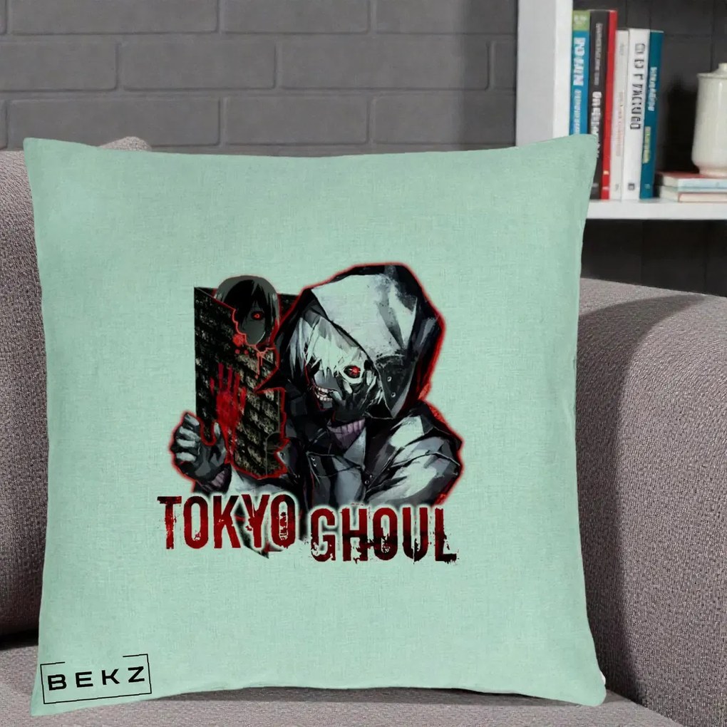Perna Personalizata Tokyo Ghoul Ken Kaneki Anime, 40x40 cm, Verde Menta, Husa Detasabila, Perna Inclusa, BEKZ®