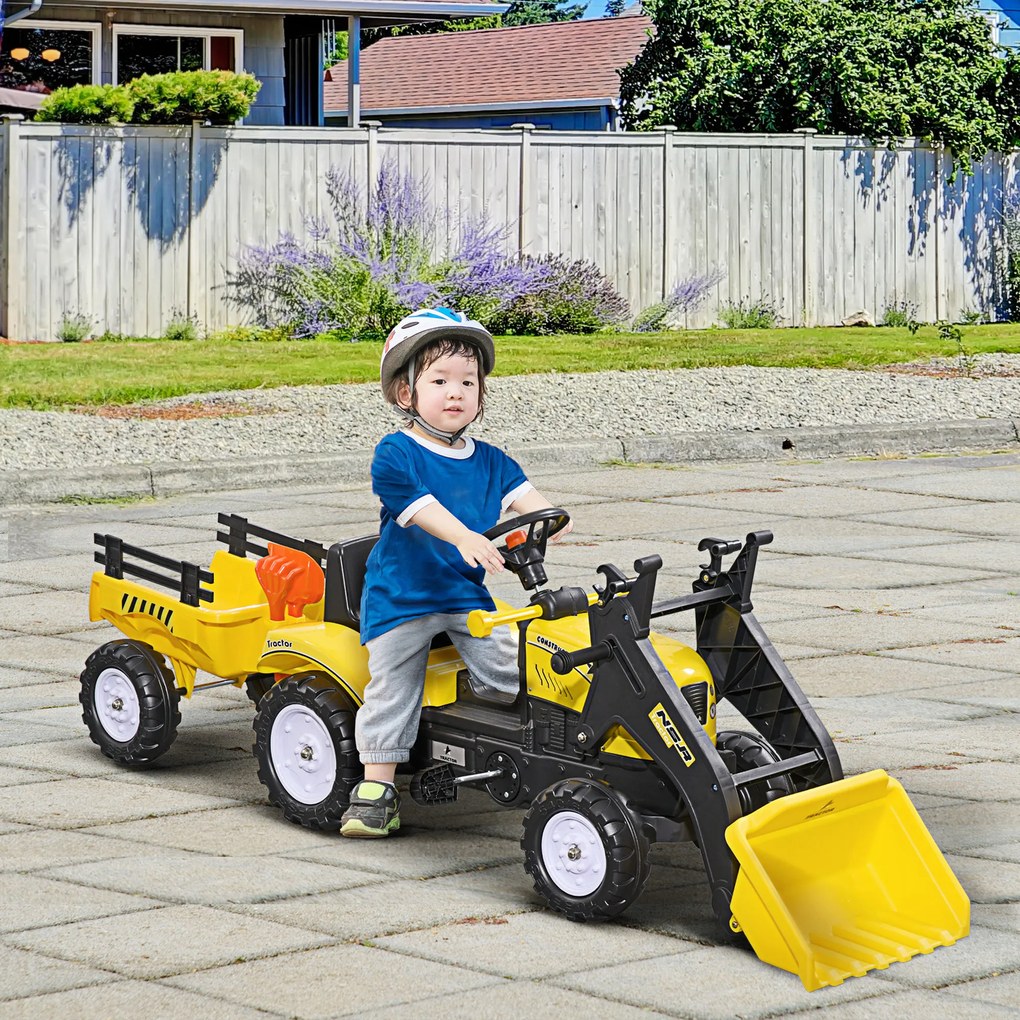 HOMCOM Tractor Copii pentru Copii de 3 Ani cu Pedale și Excavator, 167x41x52 cm, Galben | Aosom Romania