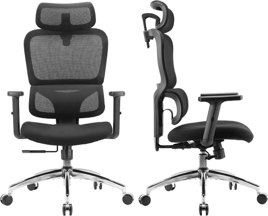 Scaun ergonomic SIHOO M56C-V2-M101, Suport Lombar Dinamic în Formă S, Tetieră Reglabilă 2D, Cotiere Ajustabile, Mecanism Synchro-Tilt, Bază Metalică Cromată, Mesh, Negru
