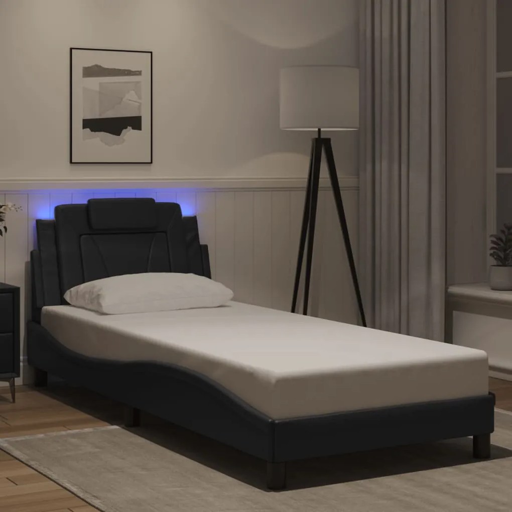 vidaXL Cadru de pat cu lumini LED, negru, 90x200 cm, piele ecologică