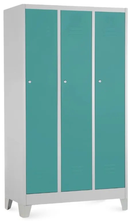 Dulap metalic - 3 compartimente, 90 x 50 x 160 cm, picioare fixe, încuietoare cilindrică, verde - ral 6033
