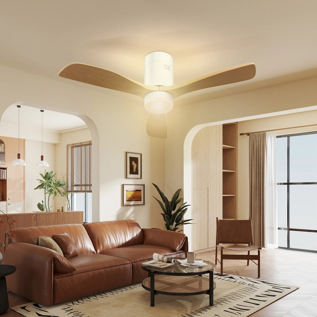 HOMCOM Ventilator de tavan cu lumină LED, 6 viteze, telecomandă, Maro deschis | Aosom Romania