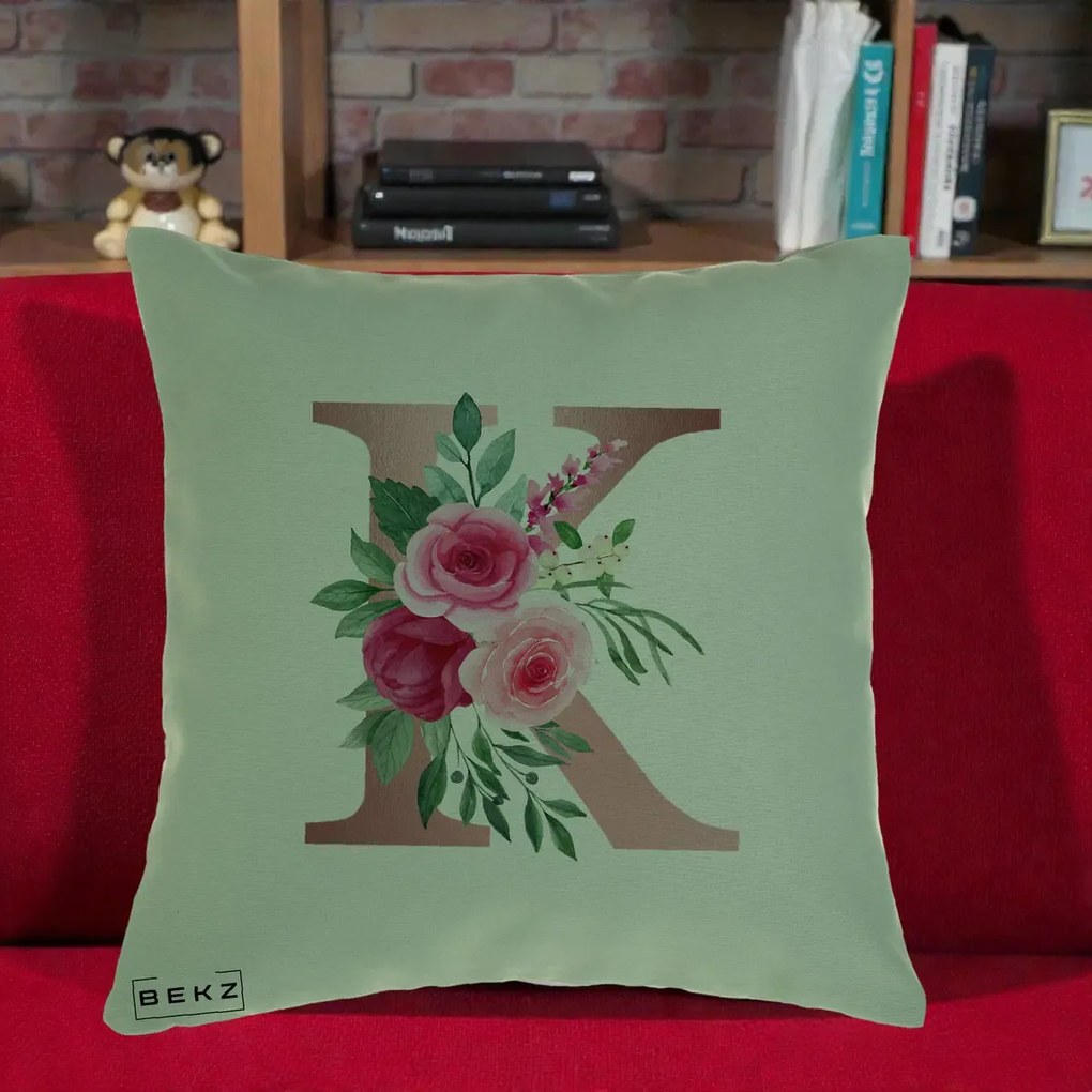 Cadou Personalizat - Perna Personalizata Monograma Rose Gold Litera K, 40x40 cm, Verde, Husa Detasabila, Perna Inclusa, BEKZ®