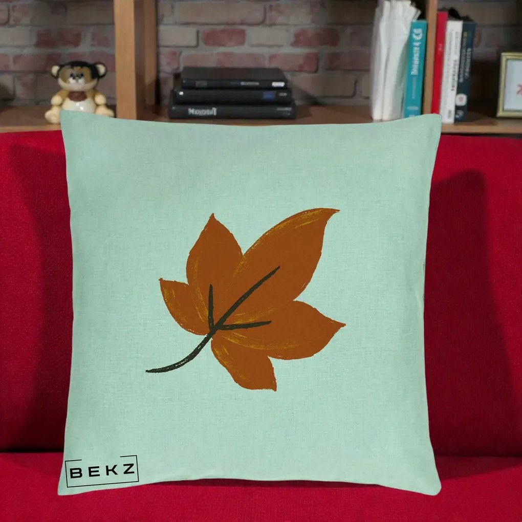 Perna Decorativa Frunza de Toamna Portocalie, 40x40 cm, Verde Menta, Husa Detasabila, Perna Inclusa, BEKZ®