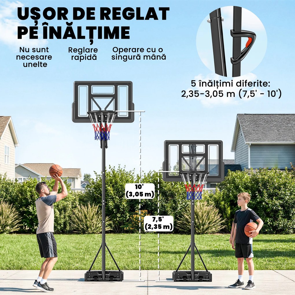 SPORTNOW Coș de Baschet Reglabil 235-305cm, Rezistent la Impact, Negru | Aosom Romania