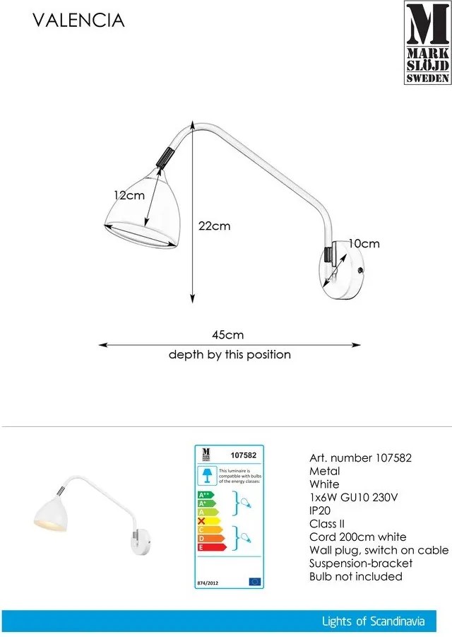 Aplică Markslöjd Valencia, alb
