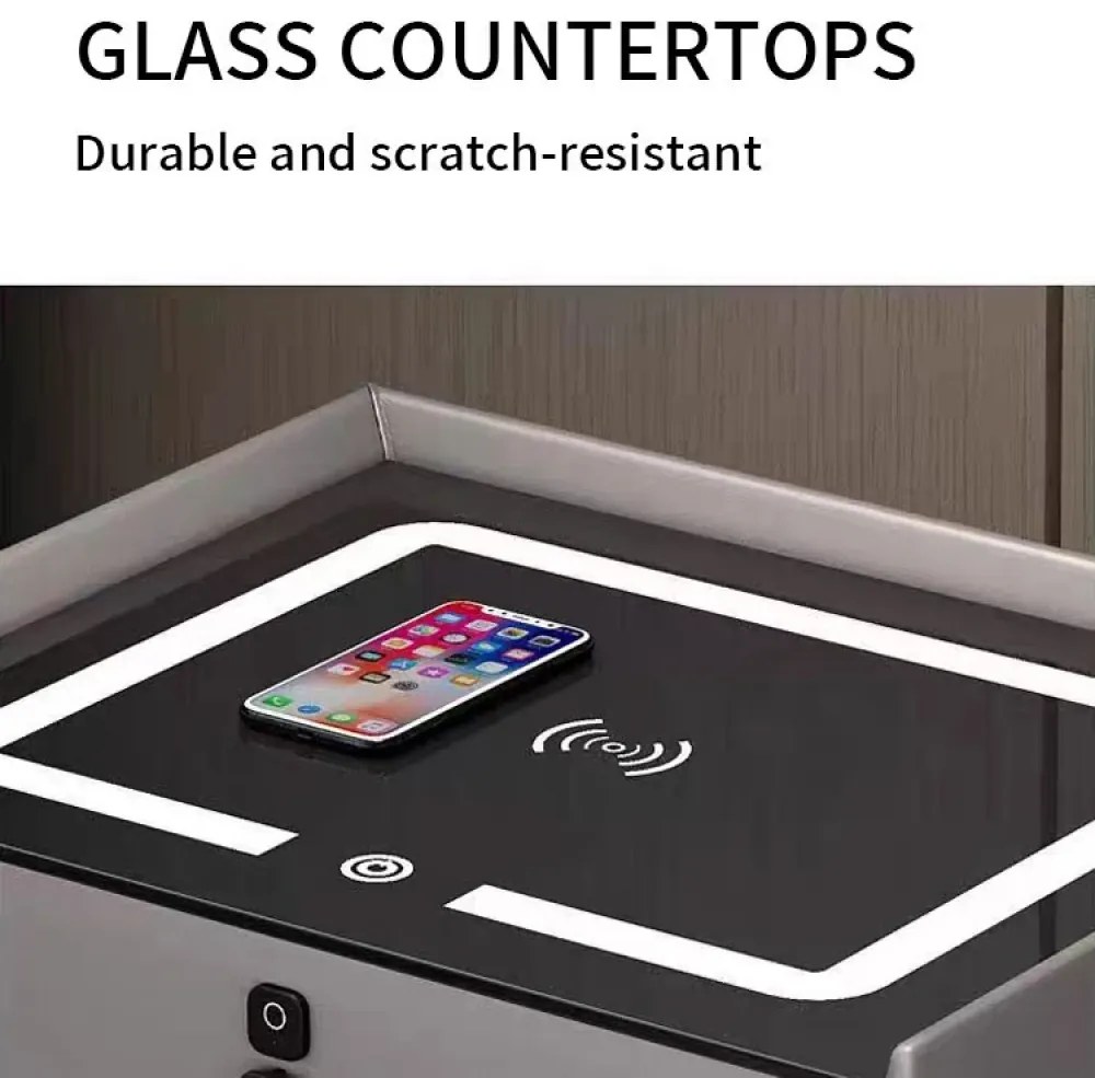 Noptieră inteligentă multifuncțională, 3 sertare, blocare cu amprentă, LED-uri tactile, 3 tipuri de culoare, încărcare fără fir, Difuzor Bluetooth, incarcare USB, sticla securizata, Gri
