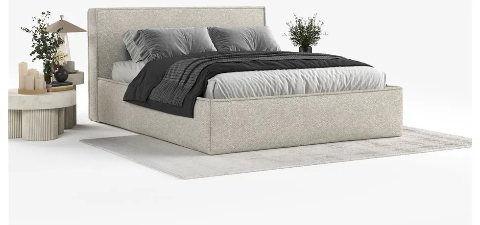 Pat matrimonial gri deschis tapițat cu spațiu de depozitare cu somieră 180x200 cm Lounge L – Maison de Rêve