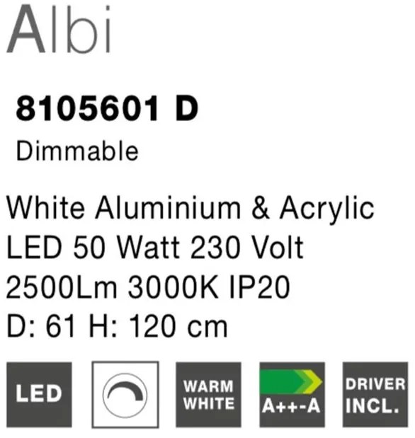 Lustra LED dimabila, design modern Albi alb, 61cm