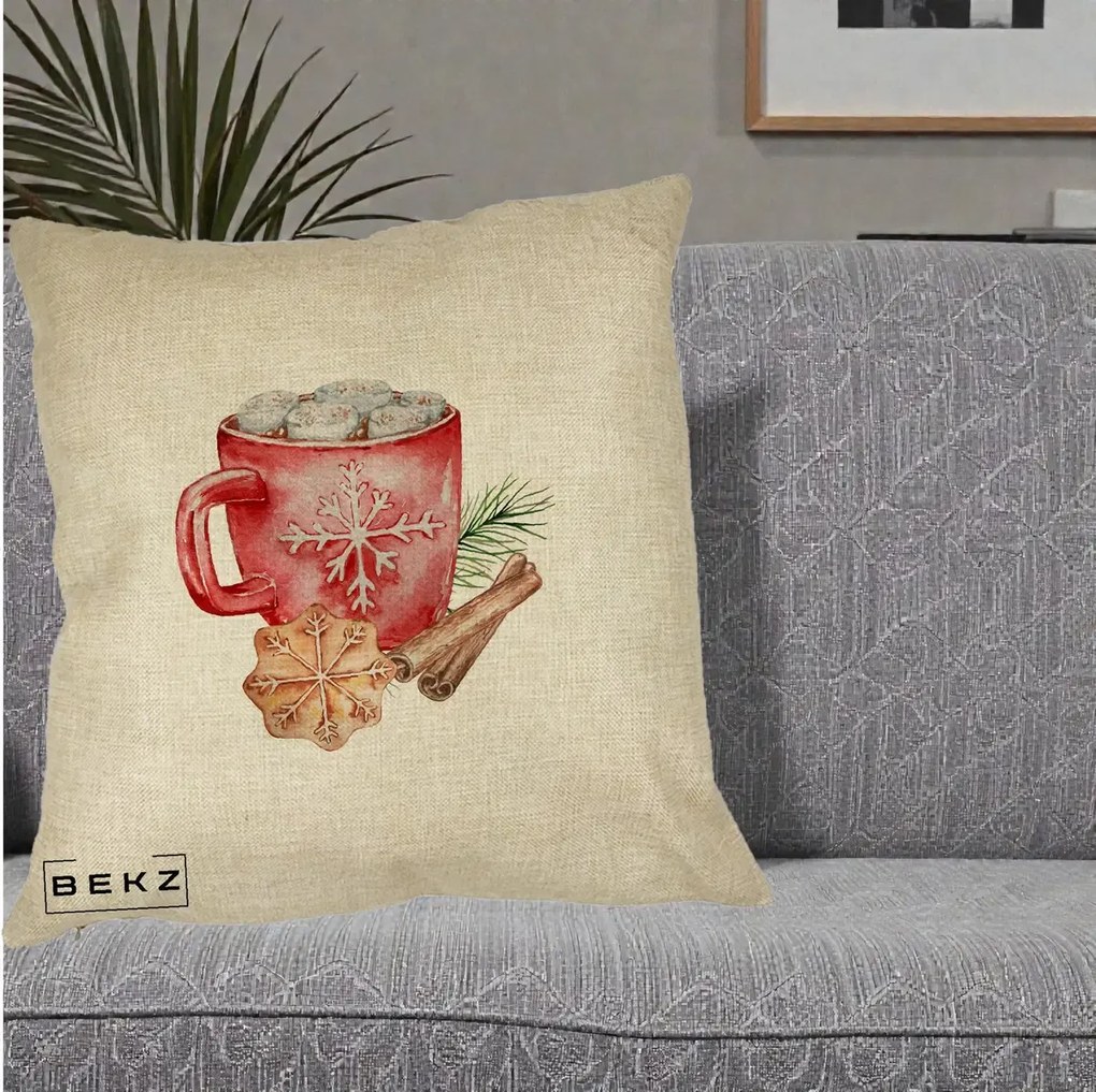 Perna Decorativa Cacao de Iarna cu Biscuit, 40x40 cm, Crem, Husa Detasabila, Perna Inclusa, BEKZ®