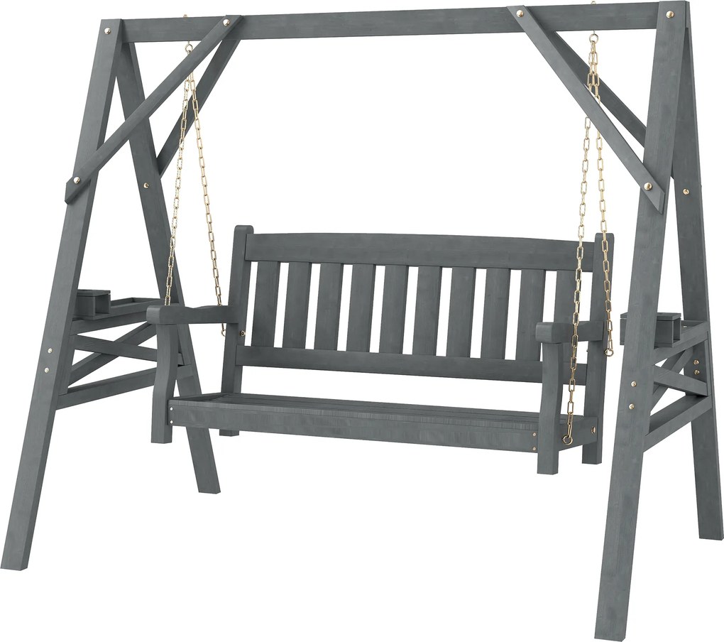 Outsunny Leagăn de grădină pentru 2 persoane, bancă-leagăn din lemn cu polițe, suport pentru băuturi și lanțuri metalice, Gri | Aosom Romania