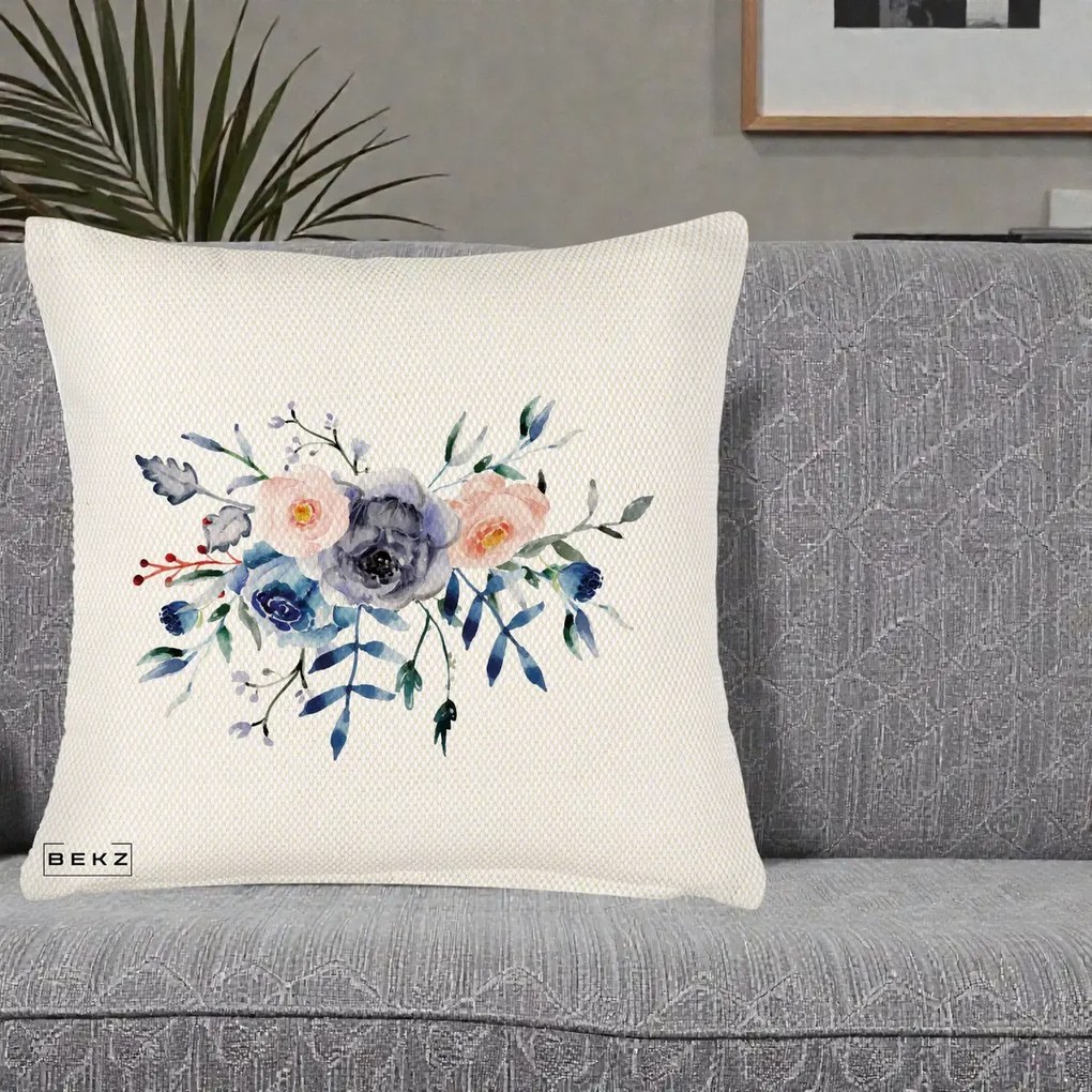 Perna Decorativa Buchet Flori Albastre Acuarela, 40x40 cm, Crem Reliefat, Husa Detasabila, Perna Inclusa, BEKZ®