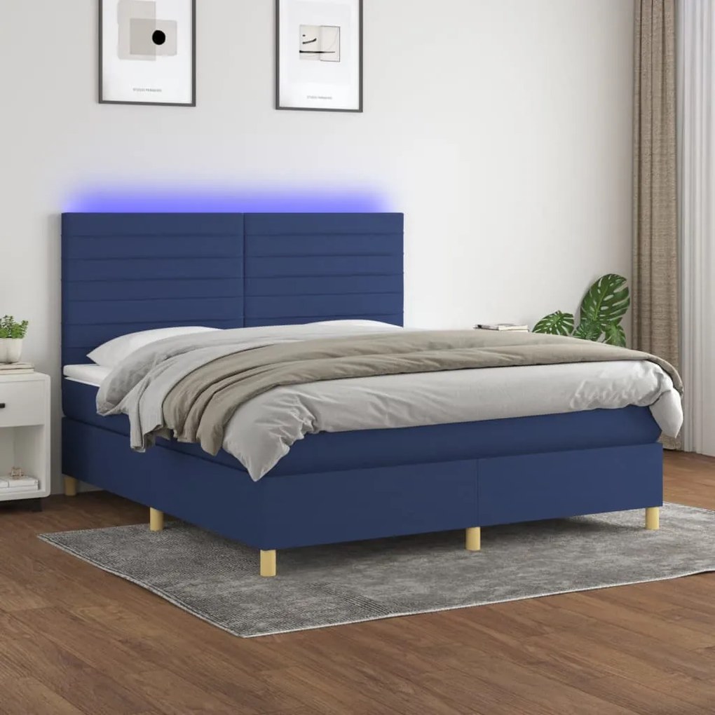 vidaXL Pat cu arcuri, saltea și LED, albastru, 160x200 cm, textil