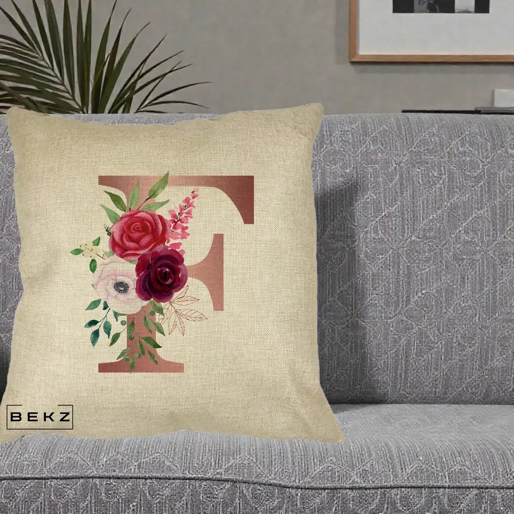 Cadou Personalizat - Perna Personalizata Monograma Rose Gold Litera F, 40x40 cm, Crem, Husa Detasabila, Perna Inclusa, BEKZ®